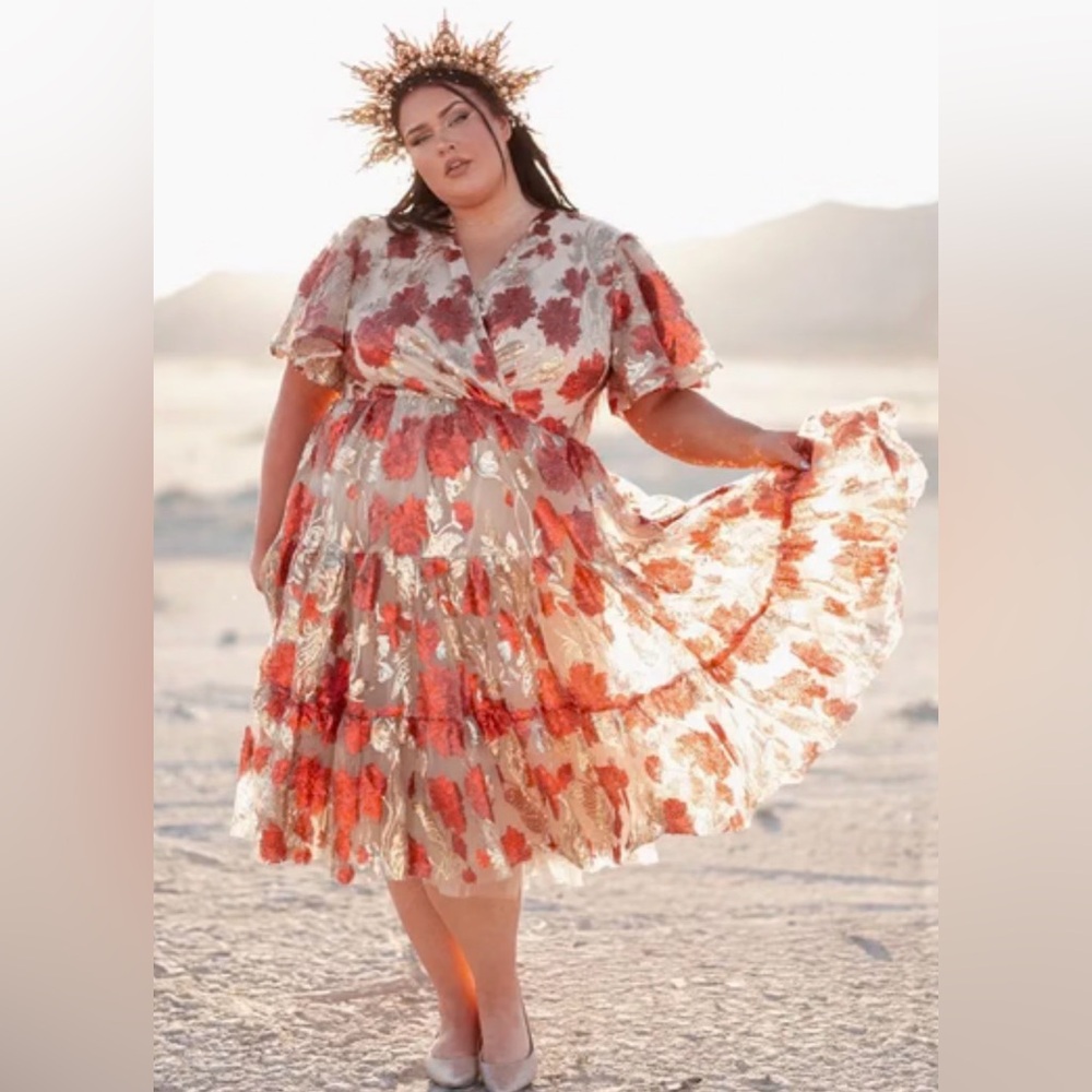 NWT Jessakae Anna Sequin Red Gold Floral Dress 4XL